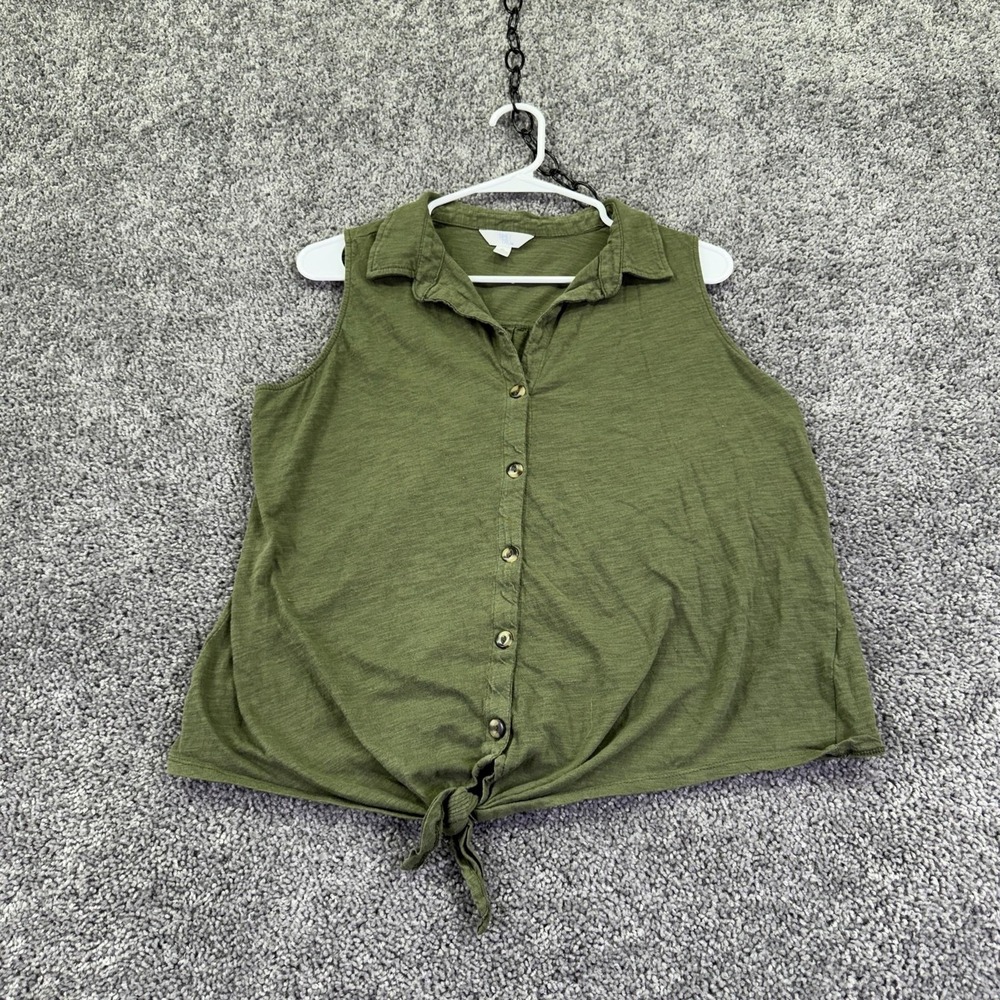 Time And Tru Blouse Womens XL Green Sleeveless Button Tie Front Summer Casual